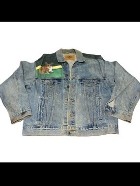 Vintage 80s Hand Painted Corgi Dog Blue Denim Biker Grungy Oversized Jacket